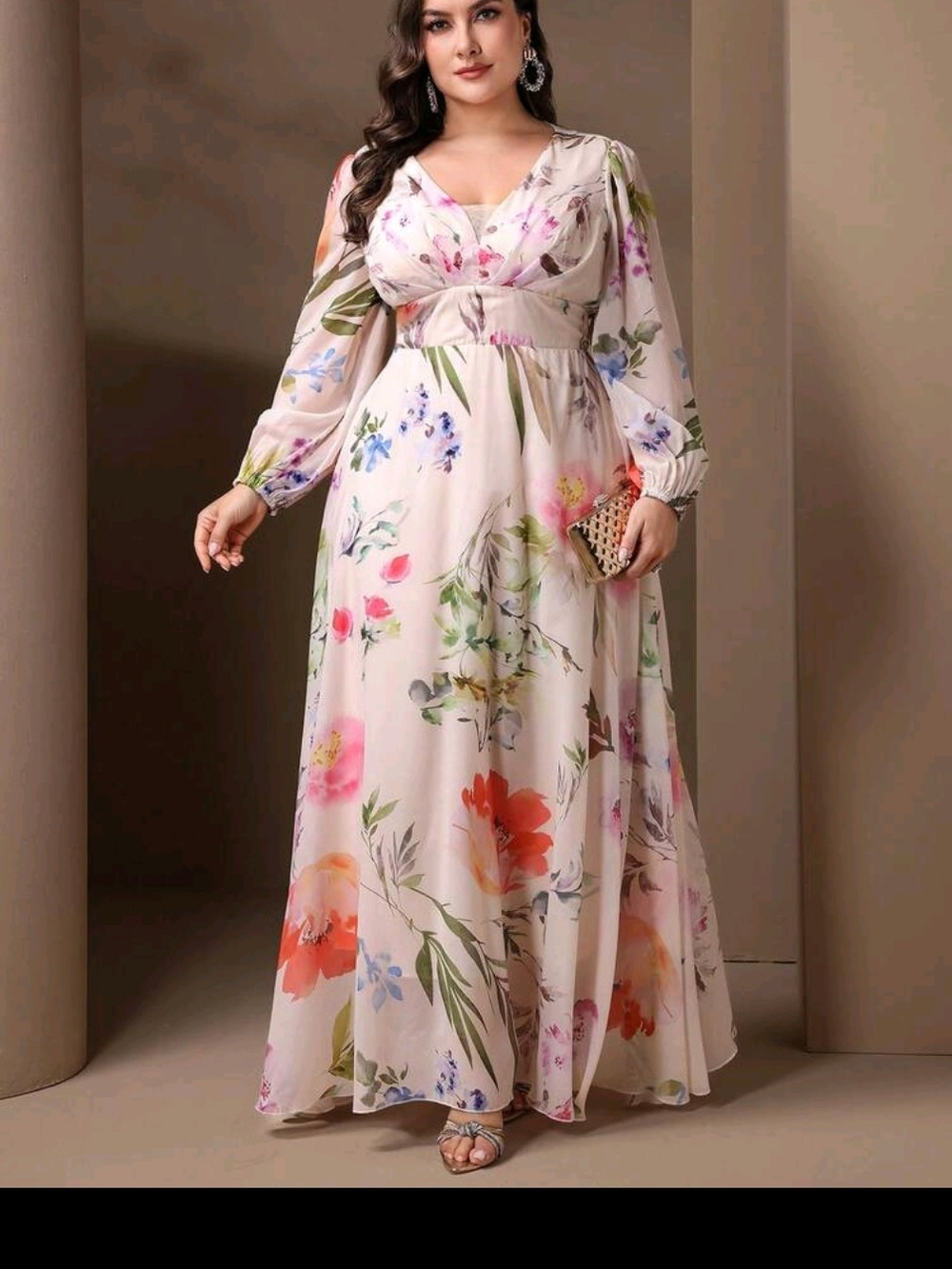 SHEIN Cream Floral V-Neck Long Sleeve Maxi Dress